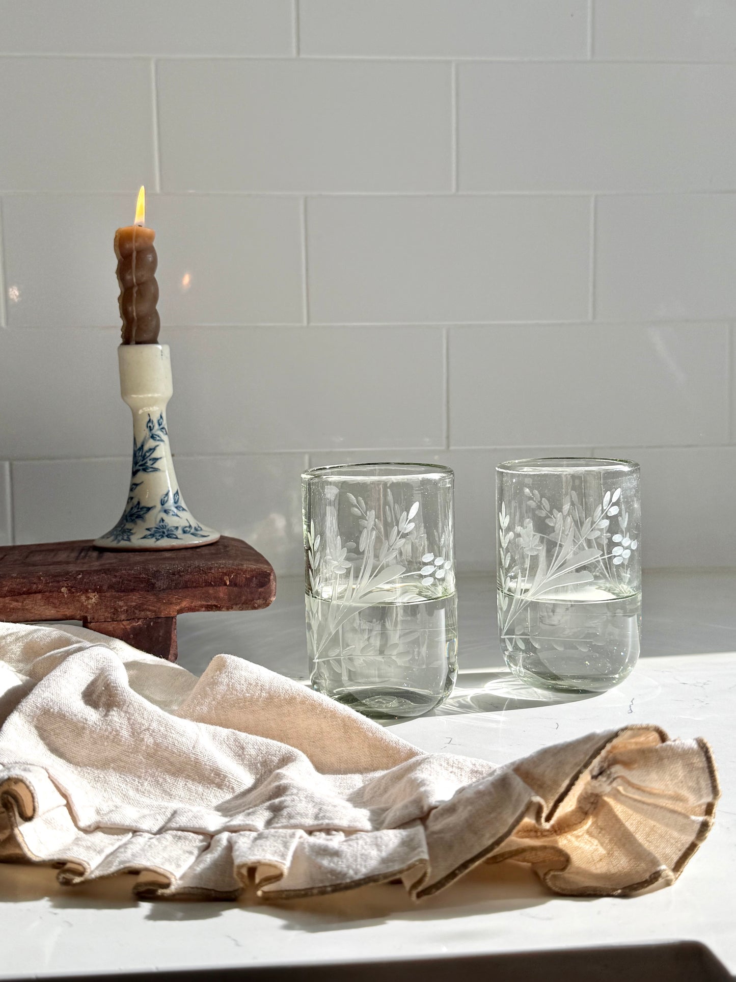 Hand-etched Tumbler Glass, *New Rounded Bottom