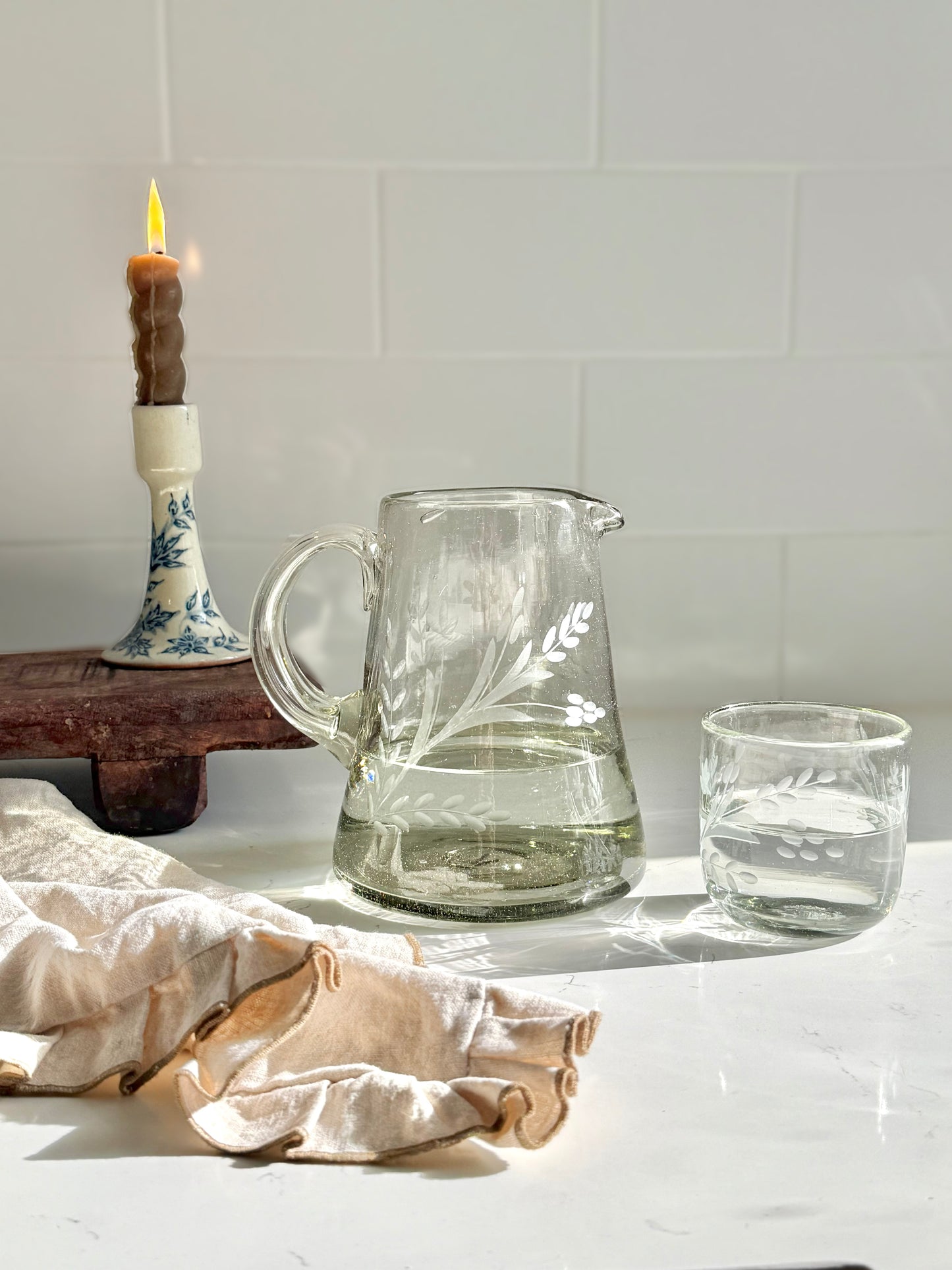 Hand-etched Tumbler Glass, *New Rounded Bottom