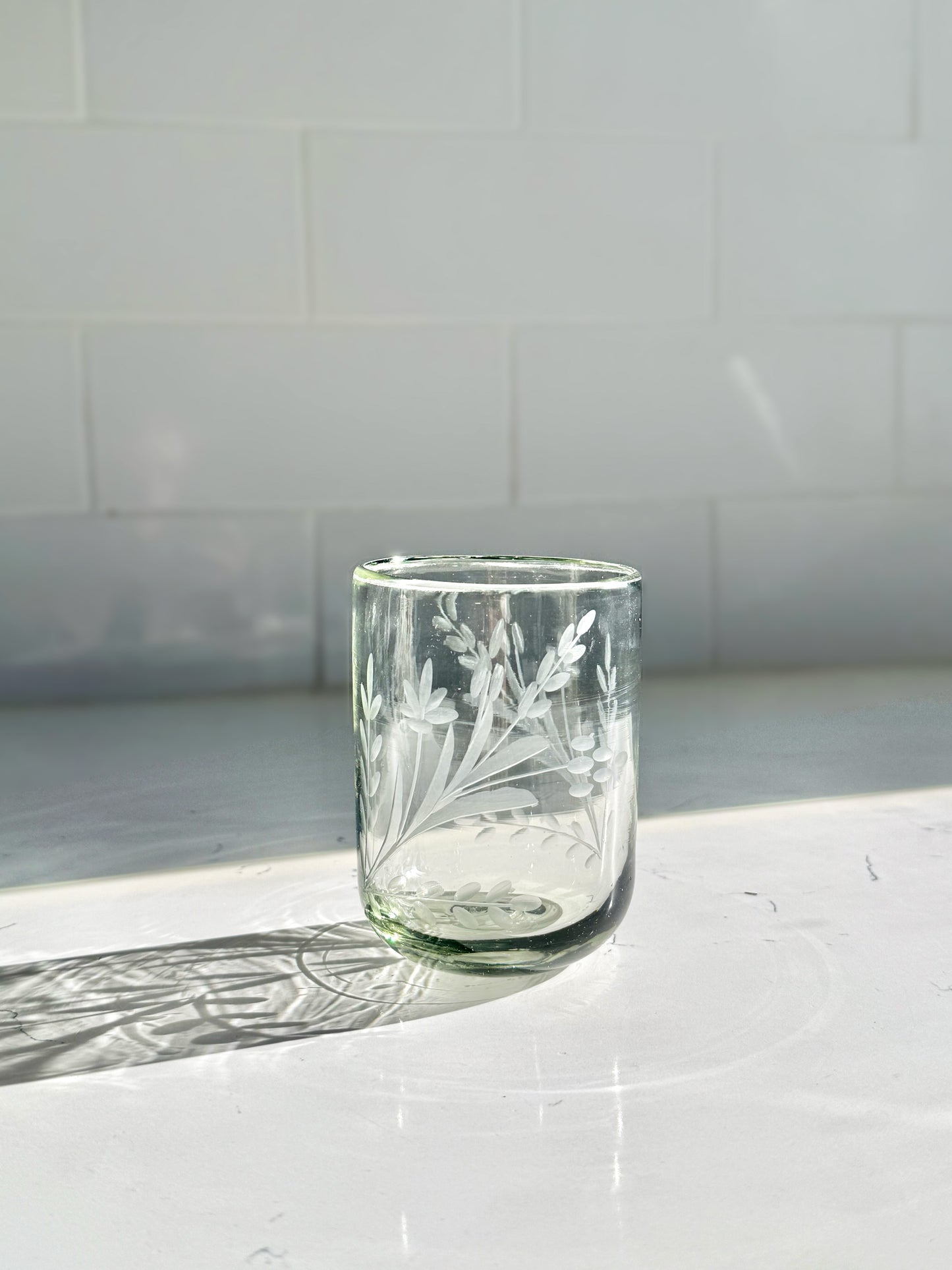 Hand-etched Tumbler Glass, *New Rounded Bottom