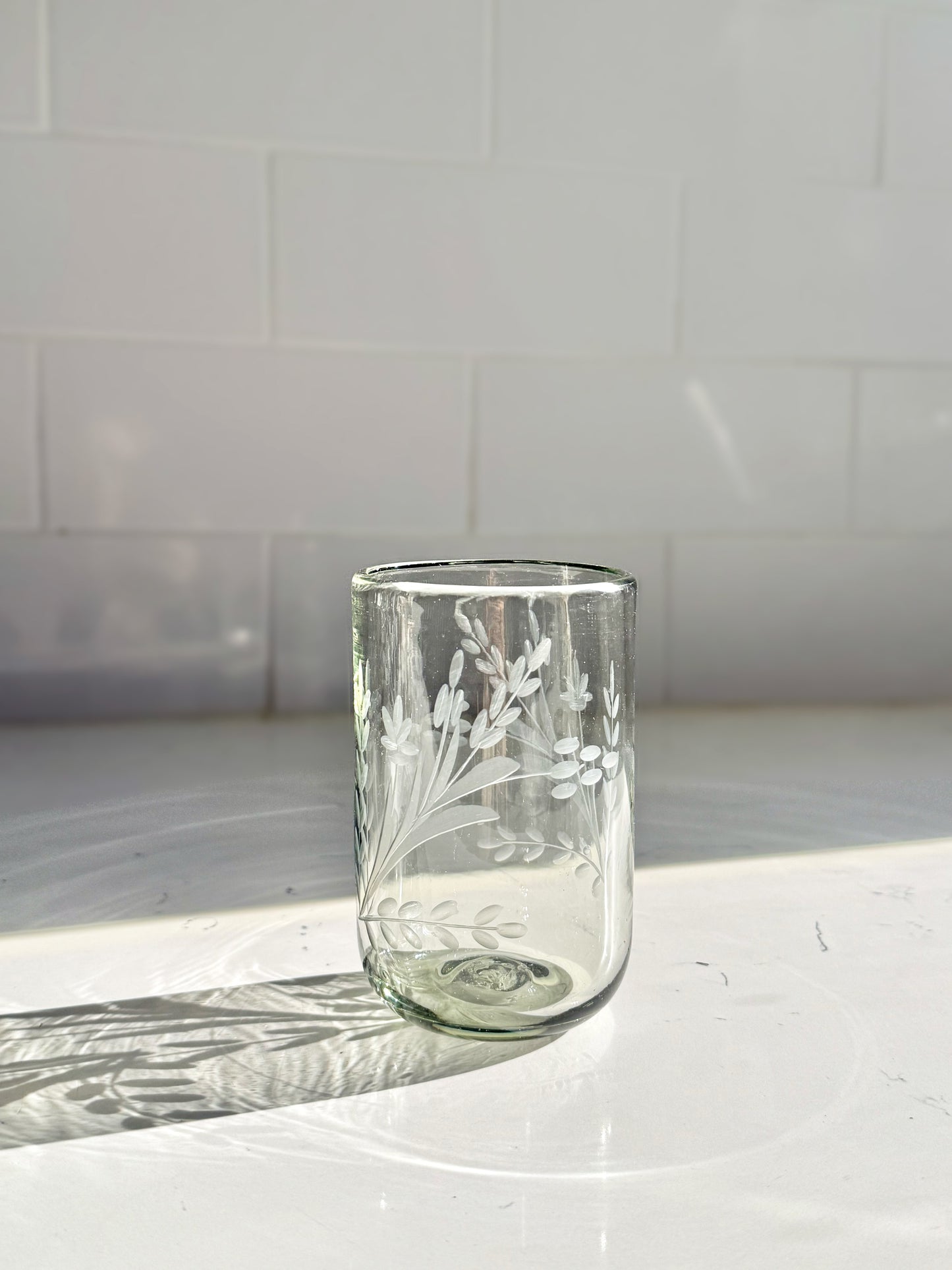 Hand-etched Tumbler Glass, *New Rounded Bottom