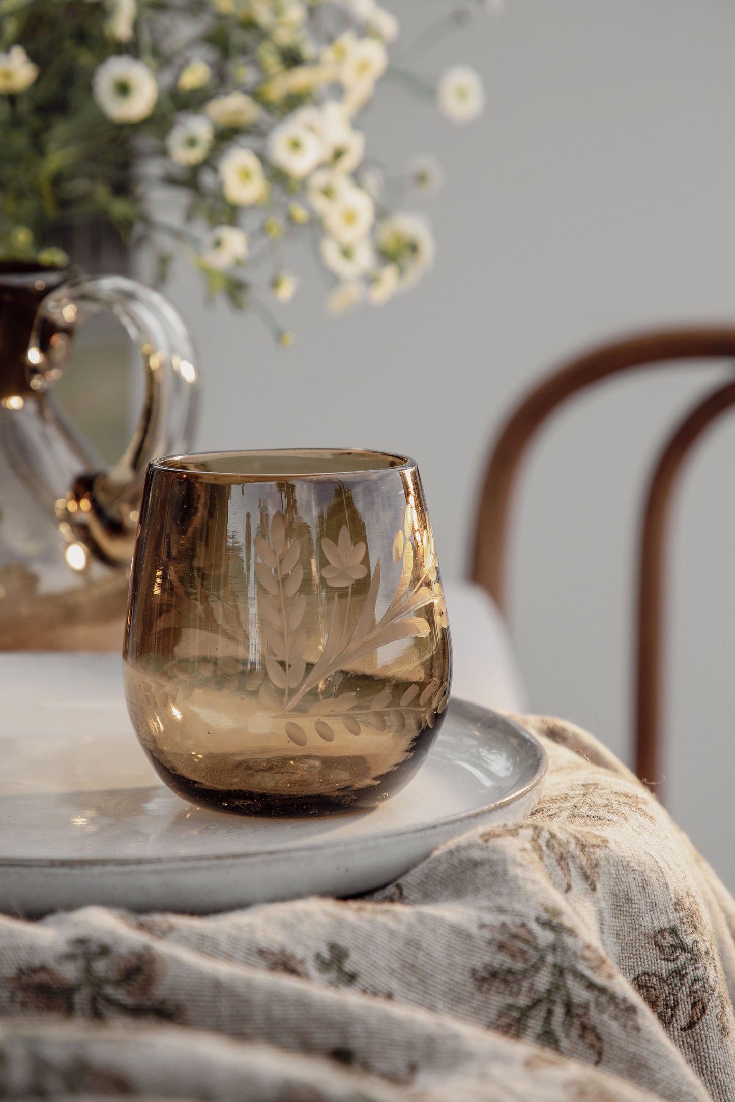 Hand-etched Blown Oval Glass, Amber