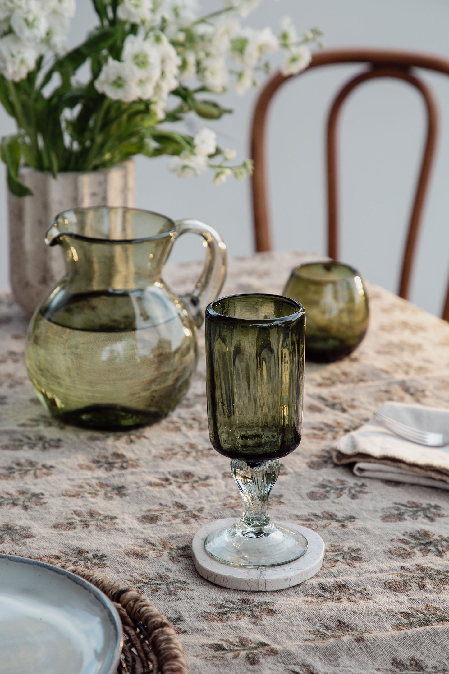 Handblown Bola Pitcher, Olive Green