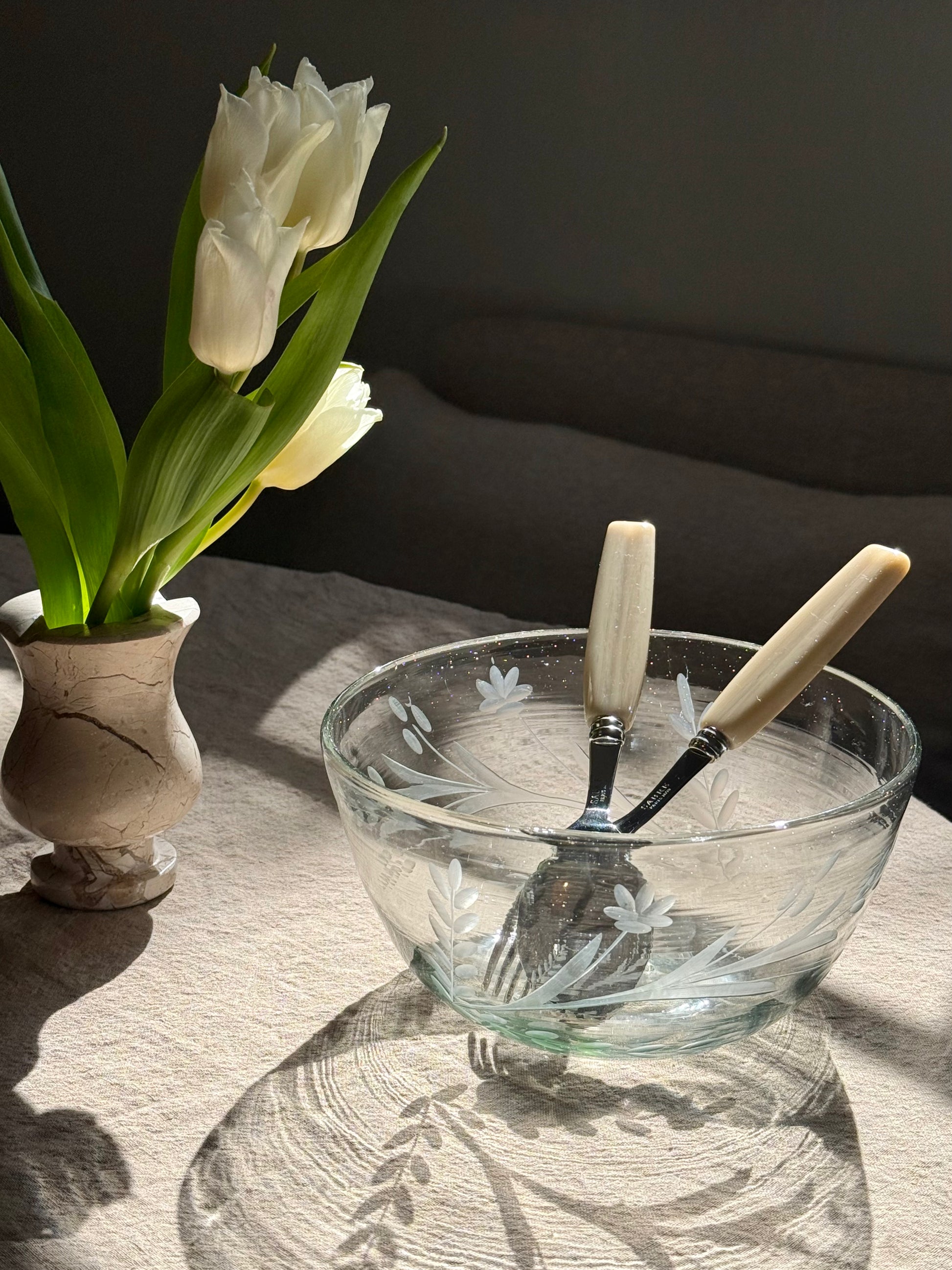 Artisan-crafted hand-etched serving bowl handmade in Mexico from 100% recycled glass