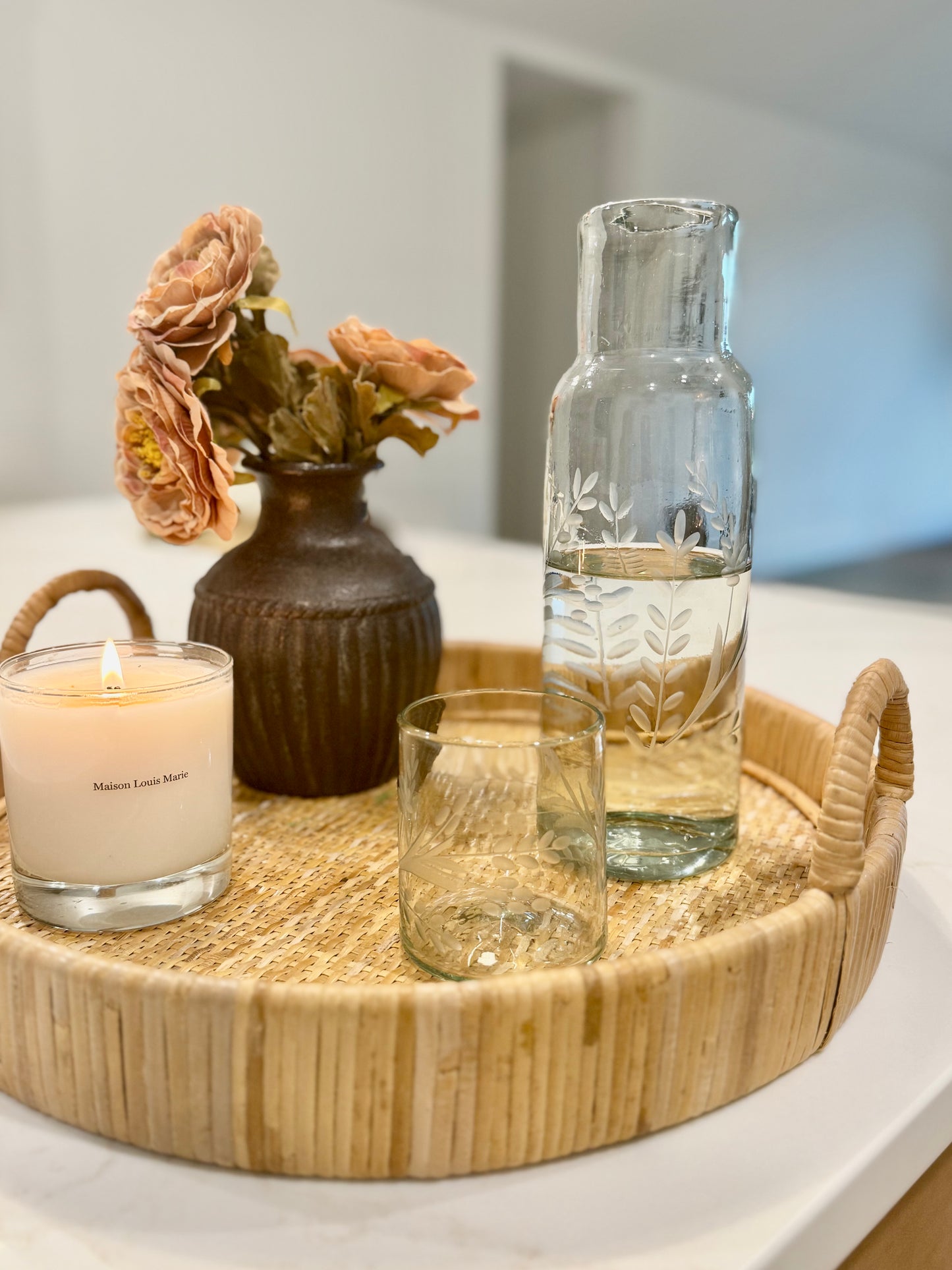 Etched Tall Carafe and Glass Set