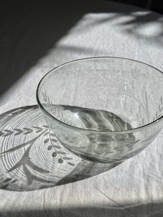 Hand-etched serving bowl handblown from recycled glass with floral design, handmade in Mexico