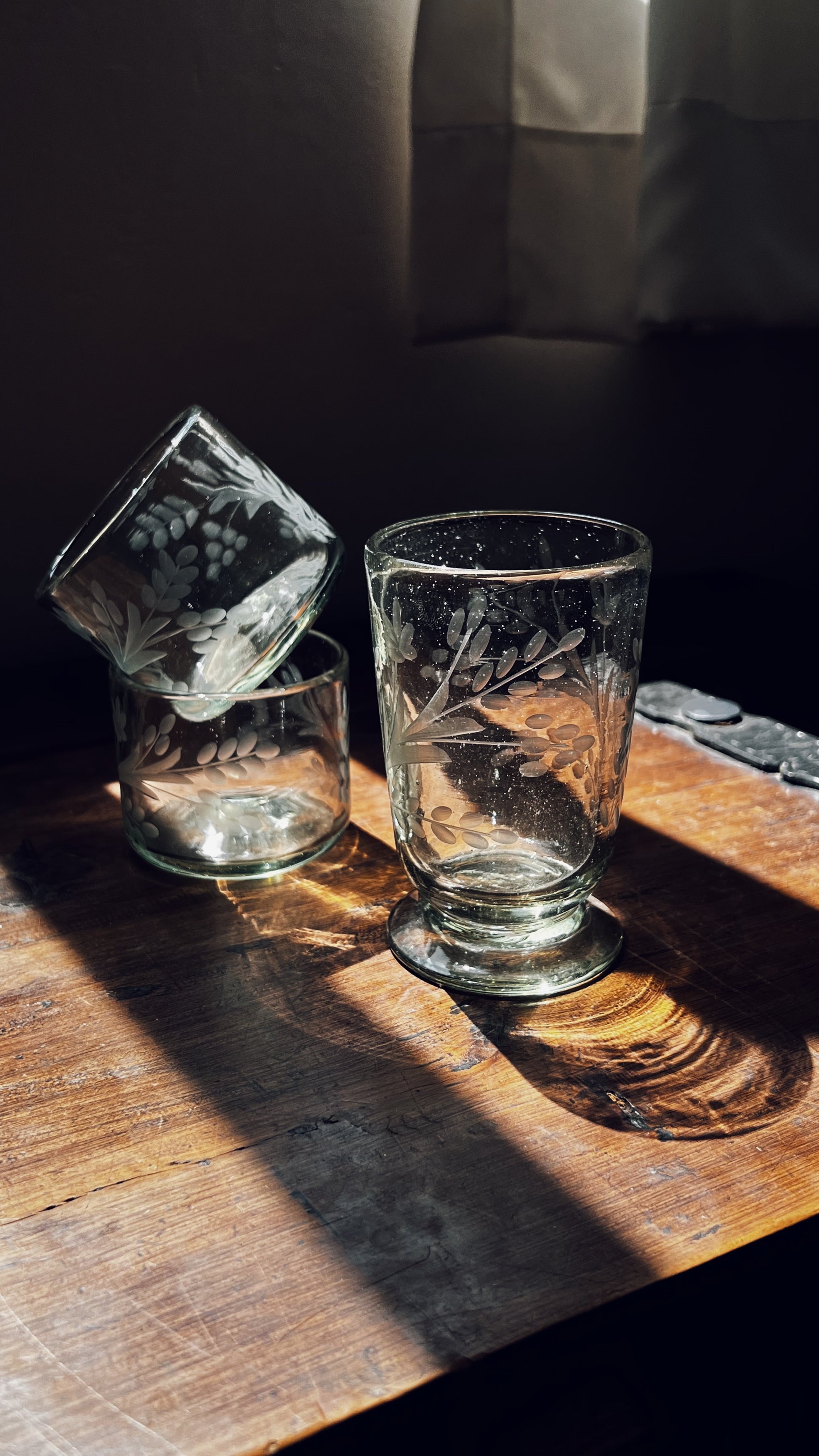 Artisan hand-etched blown footed glass for water, wine, and tea