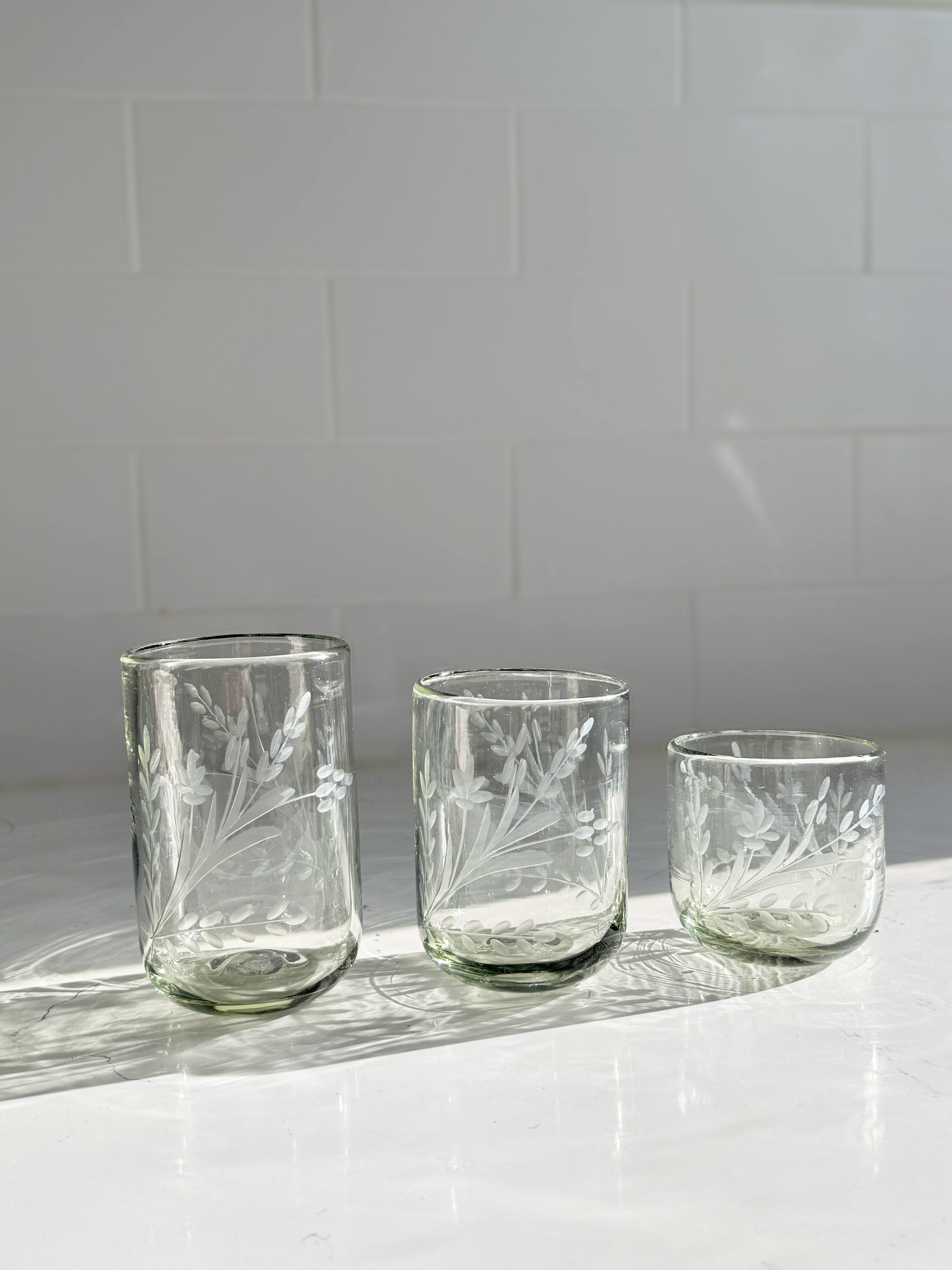 Hand-etched Tumbler Glass, *New Rounded Bottom