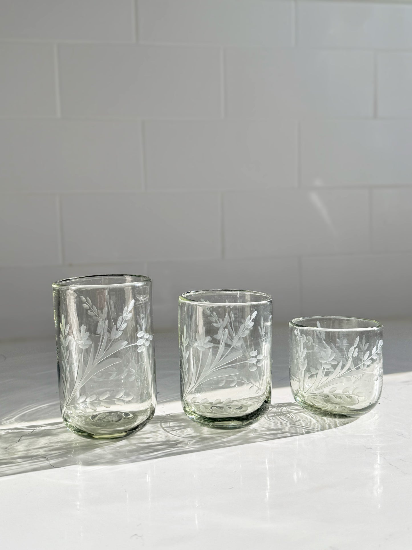 Hand-etched Tumbler Glass, *New Rounded Bottom