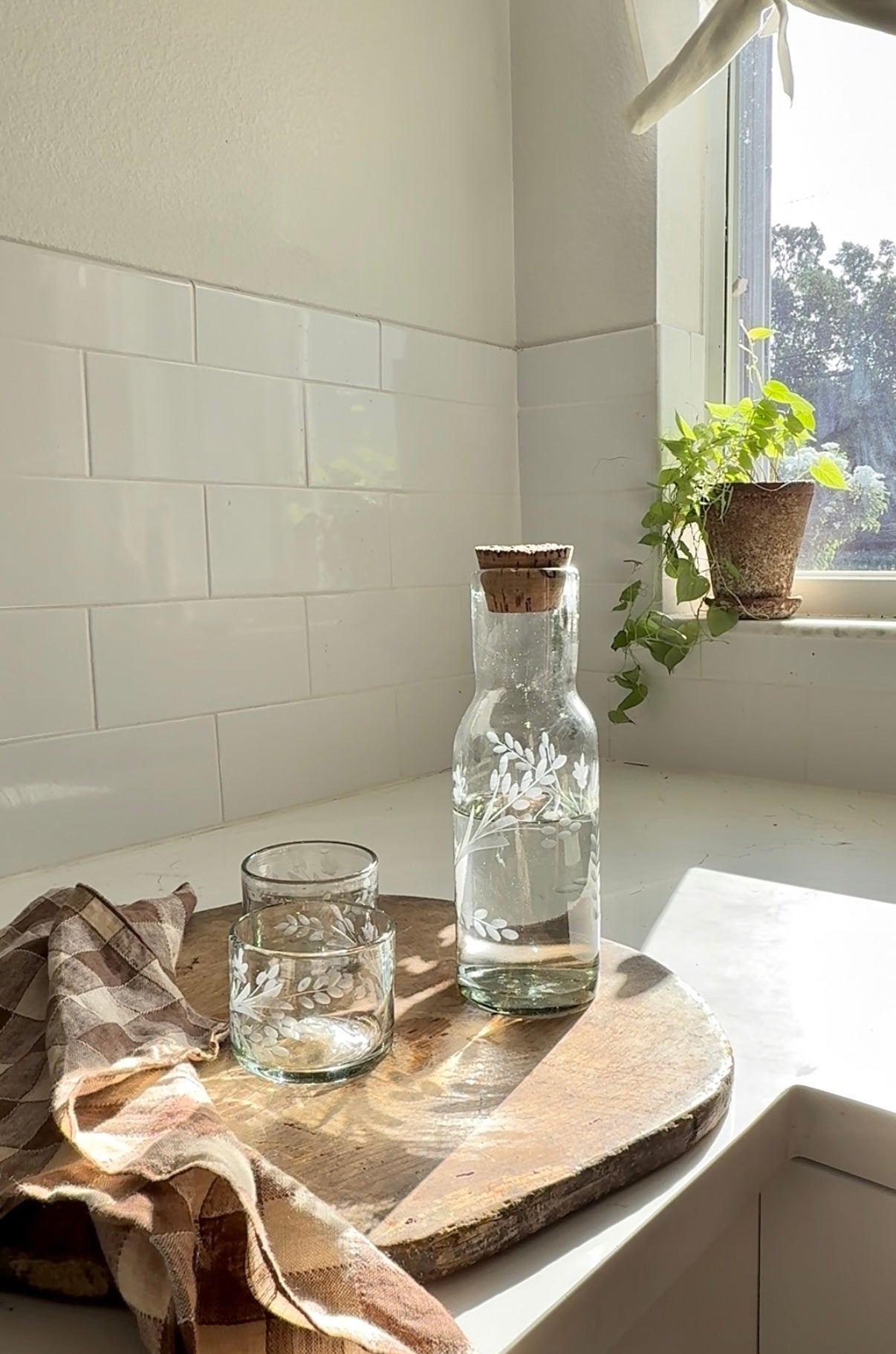 Hand-etched Carafe with Bark Top