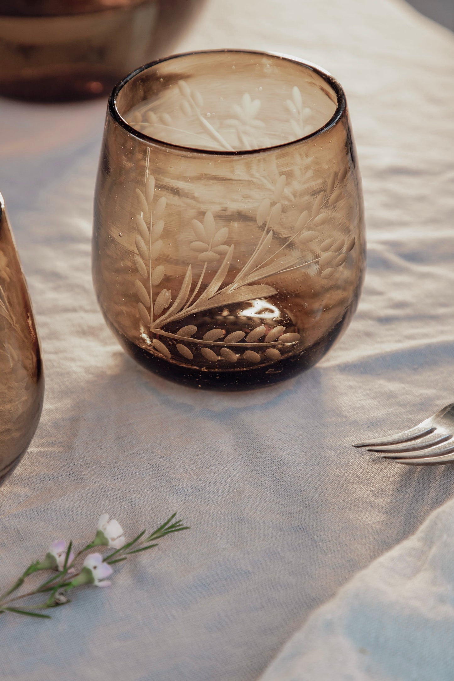 Hand-etched Blown Oval Glass, Amber