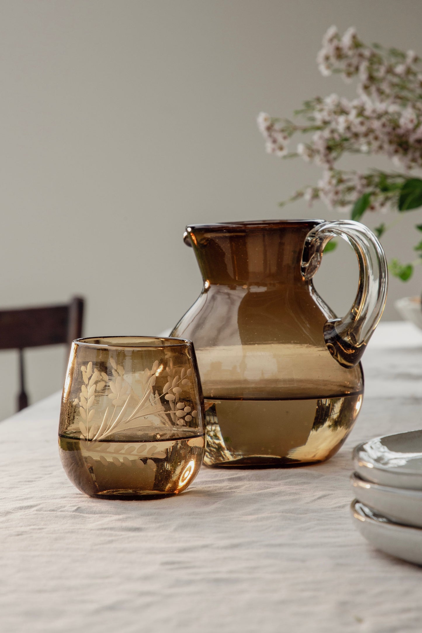 Hand-etched Blown Oval Glass, Amber