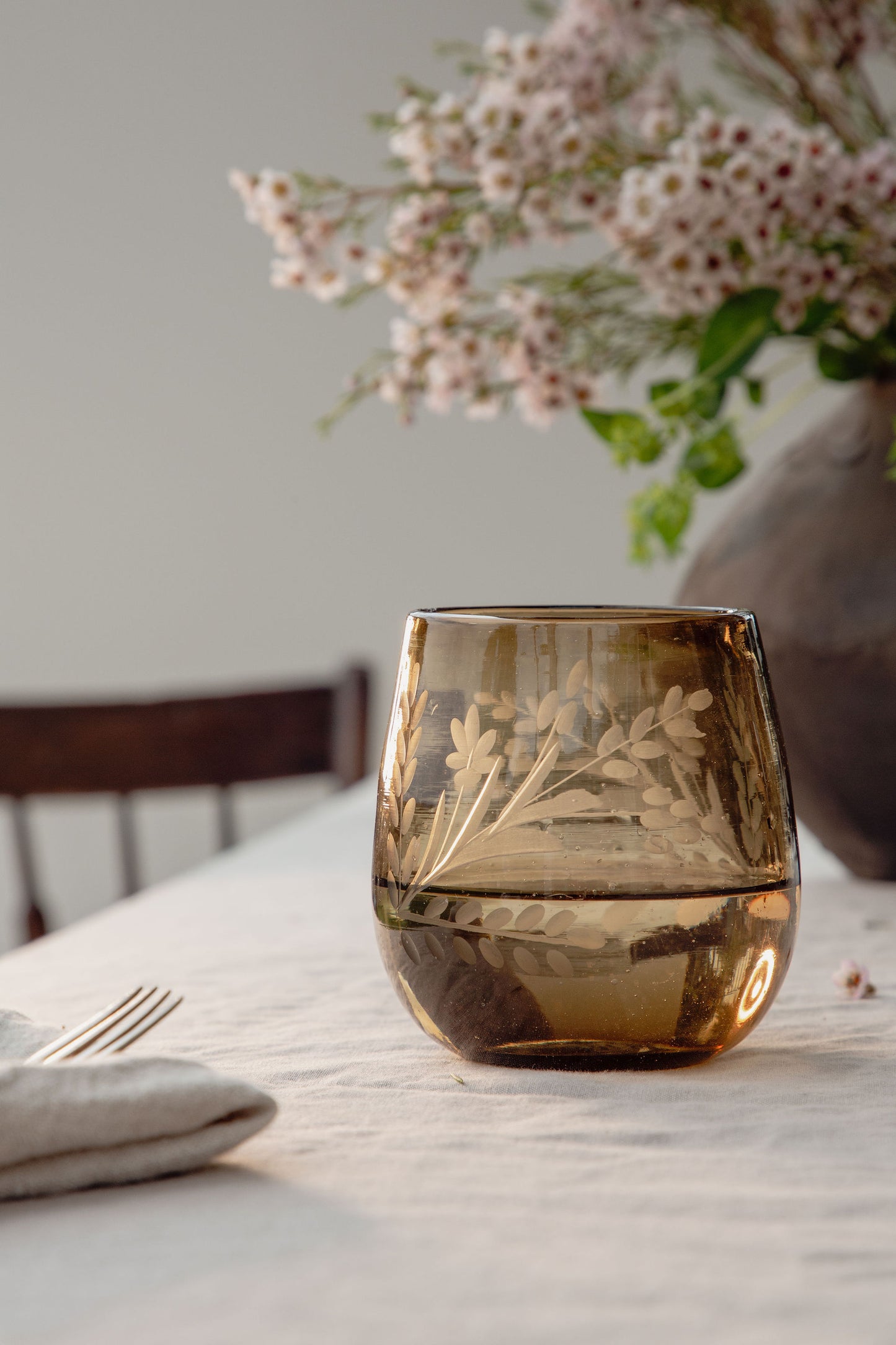 Hand-etched Blown Oval Glass, Amber