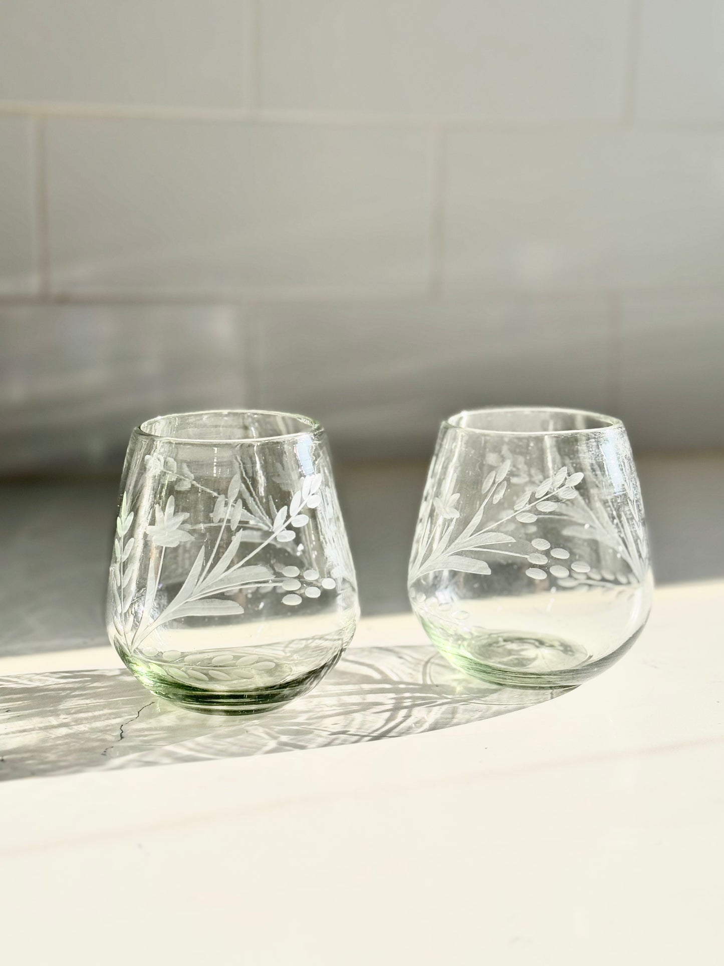 Hand-etched Blown Oval Glass