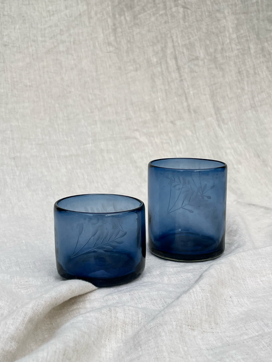 Hand-etched Blown Tumbler Glass, French Blue