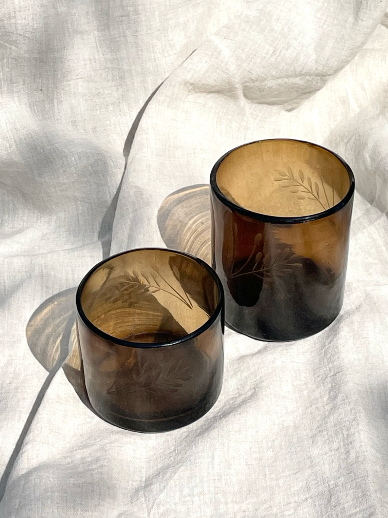 Hand-etched Blown Tumbler Glass, Dark Amber