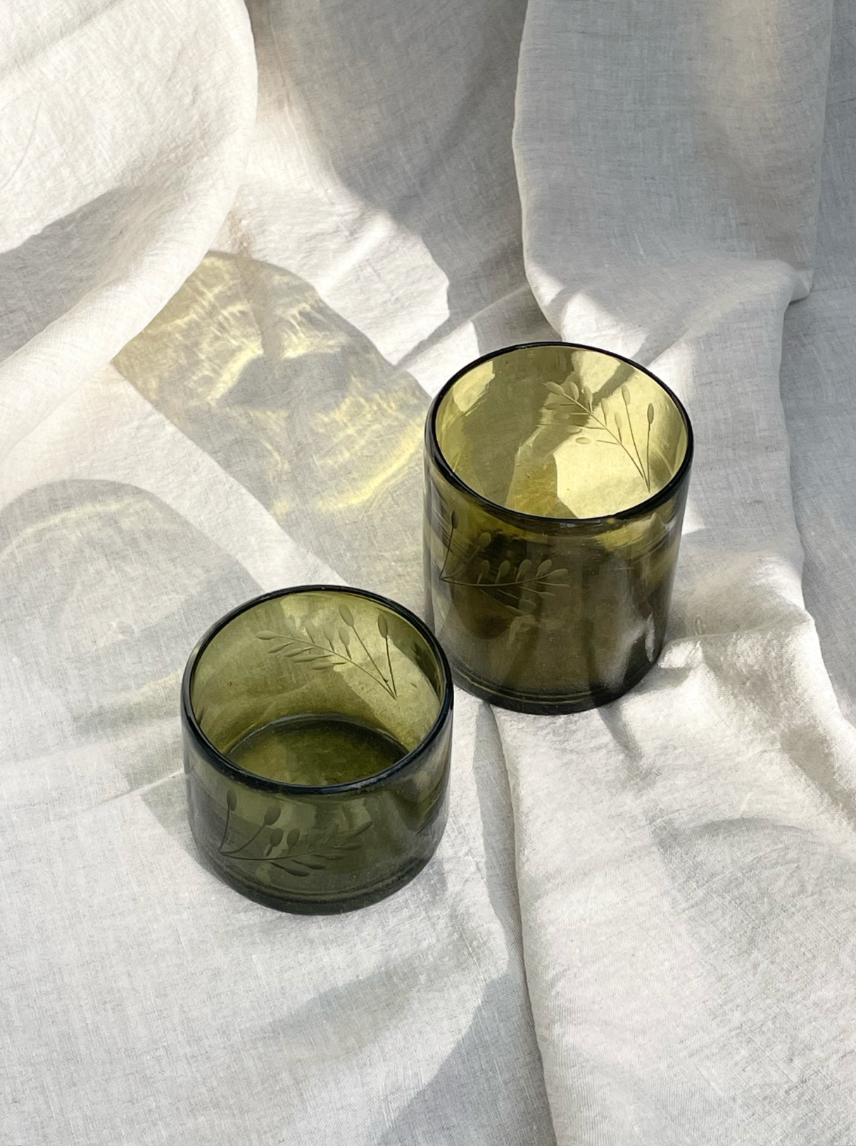 Hand-etched Blown Tumbler Glass, Olive Green