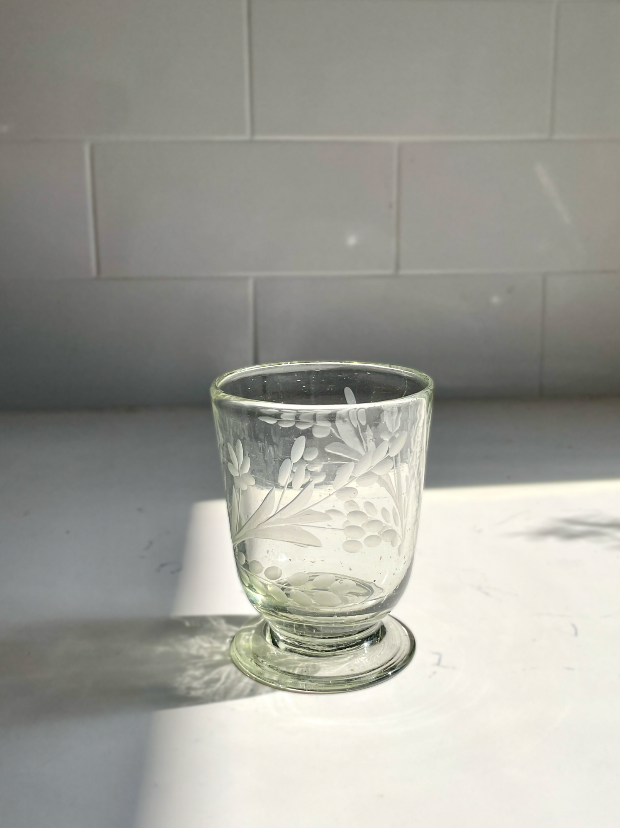Hand-etched Blown Footed Glass