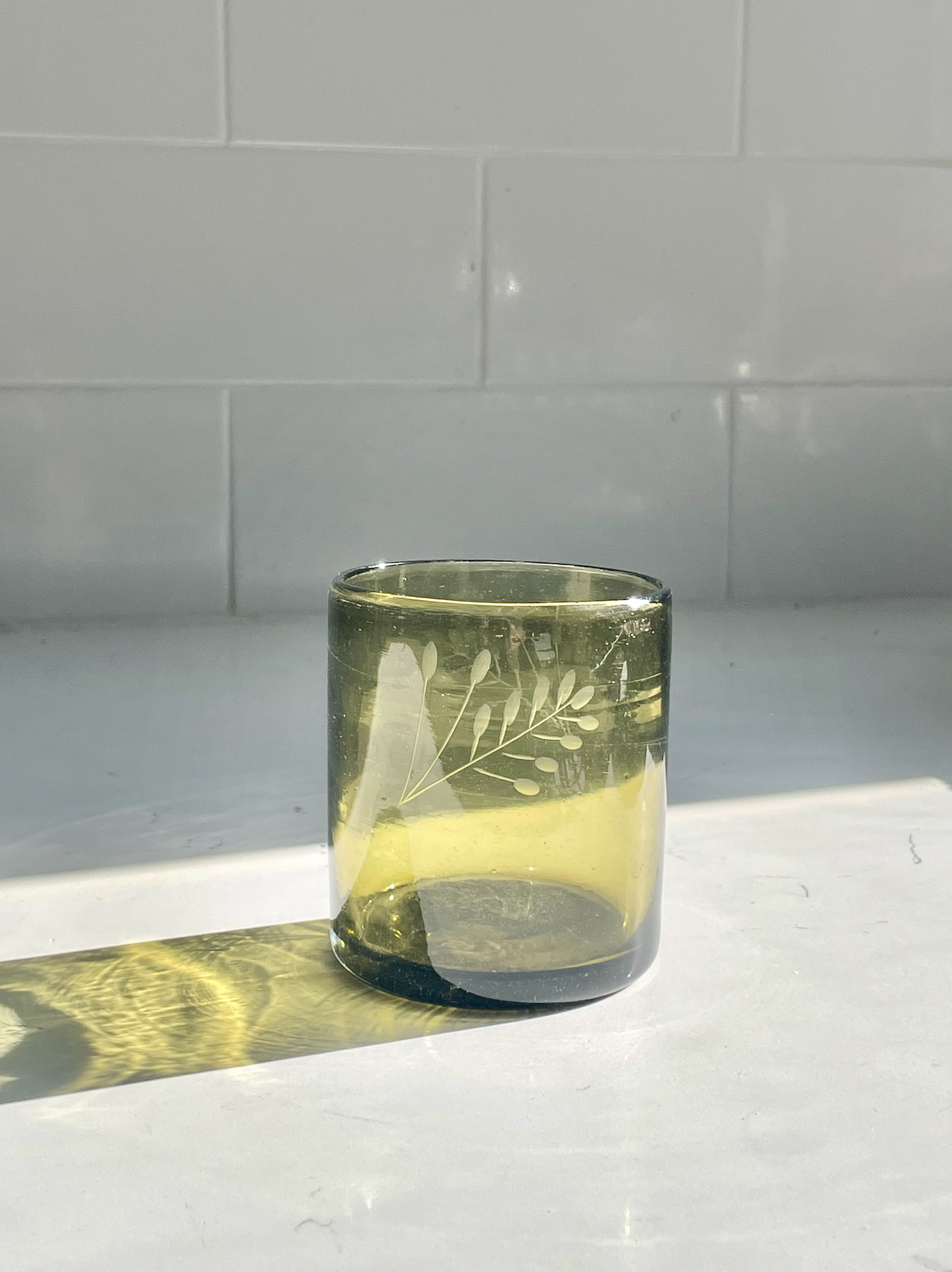 Hand-etched Blown Tumbler Glass, Olive Green