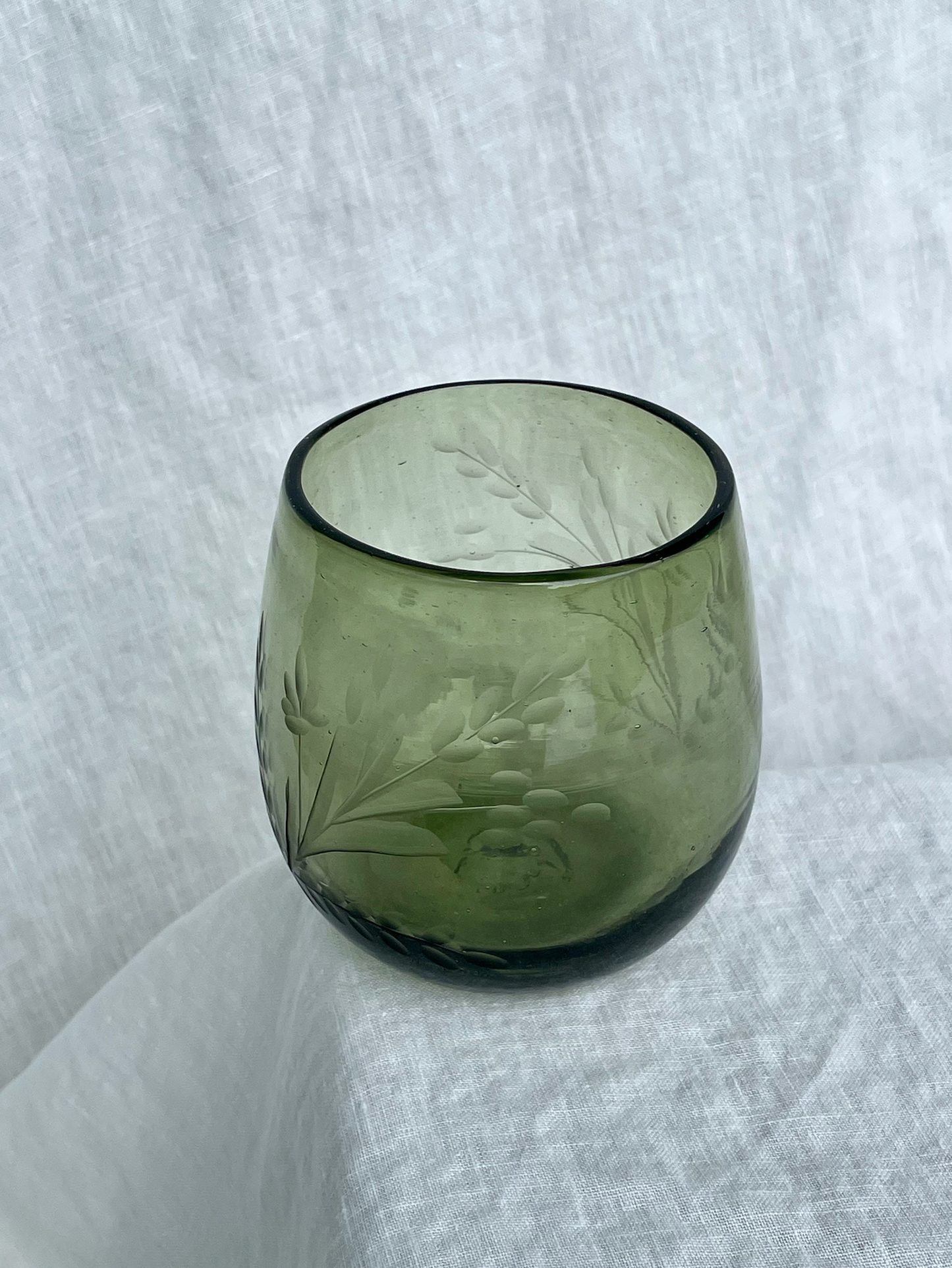 Hand-etched Blown Oval Glass, Olive Green