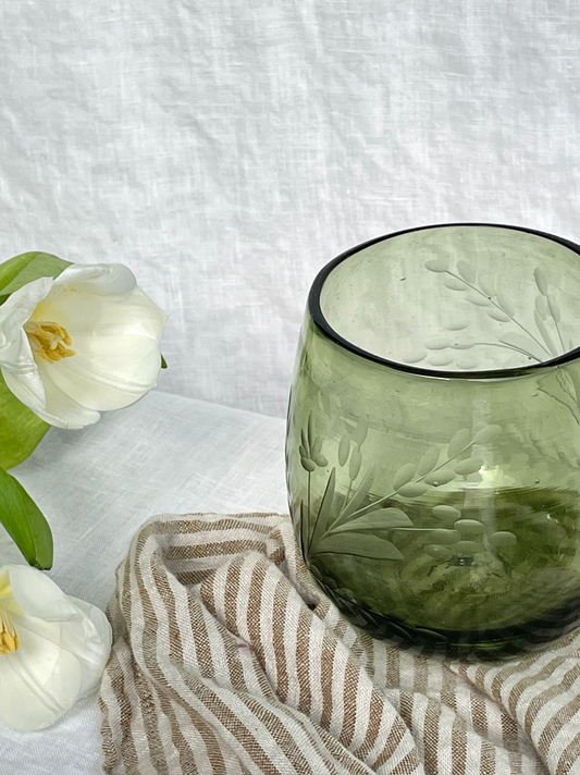 Hand-etched Blown Oval Glass, Olive Green