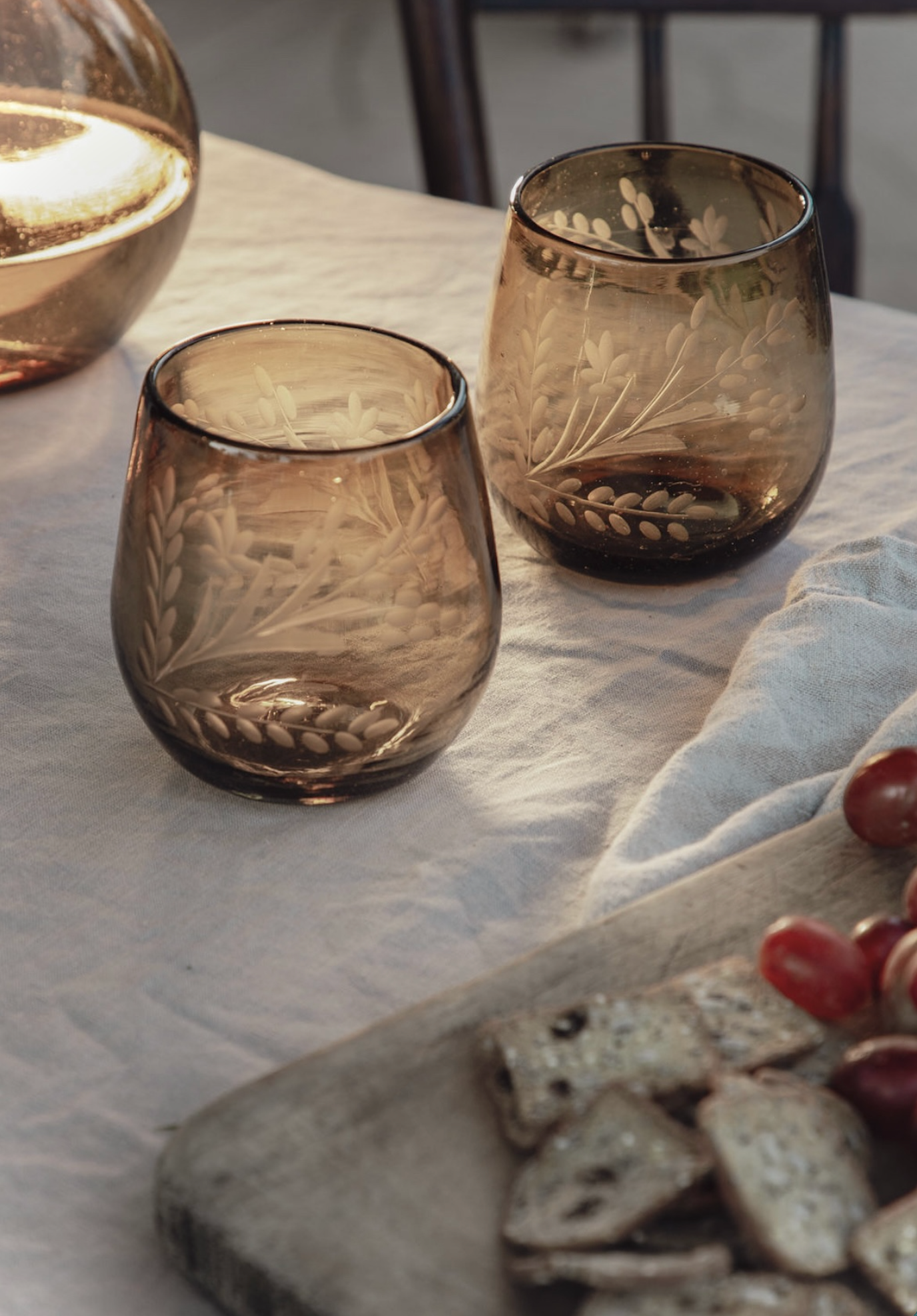 Hand-etched Blown Oval Glass, Amber