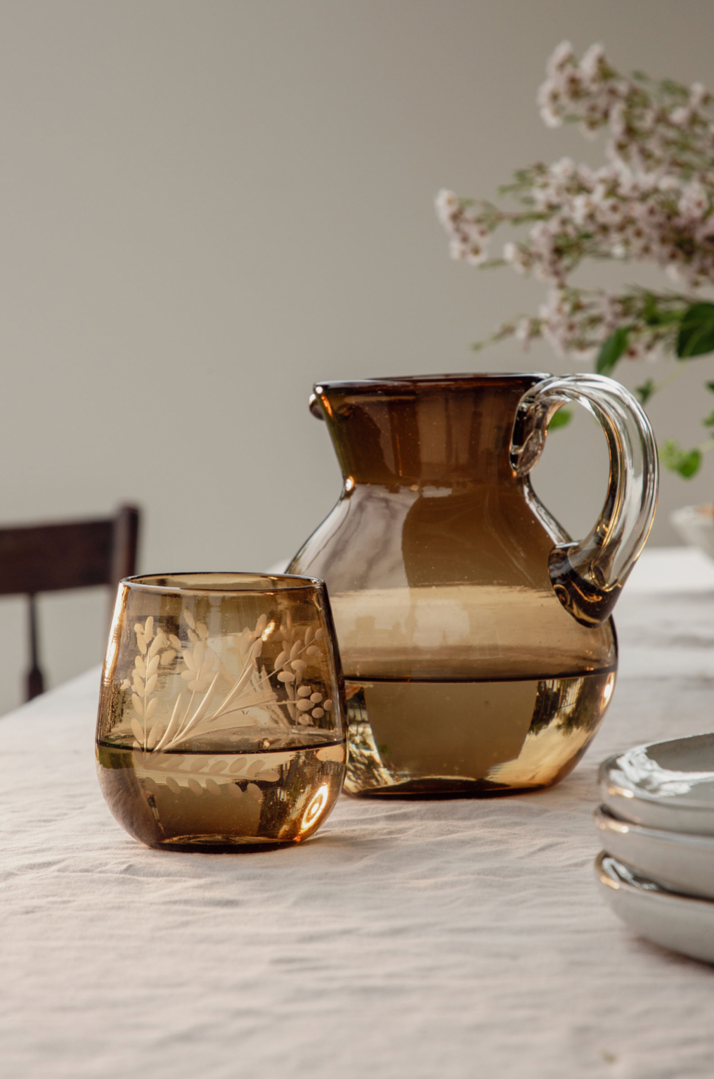 Handblown Bola Pitcher, Amber